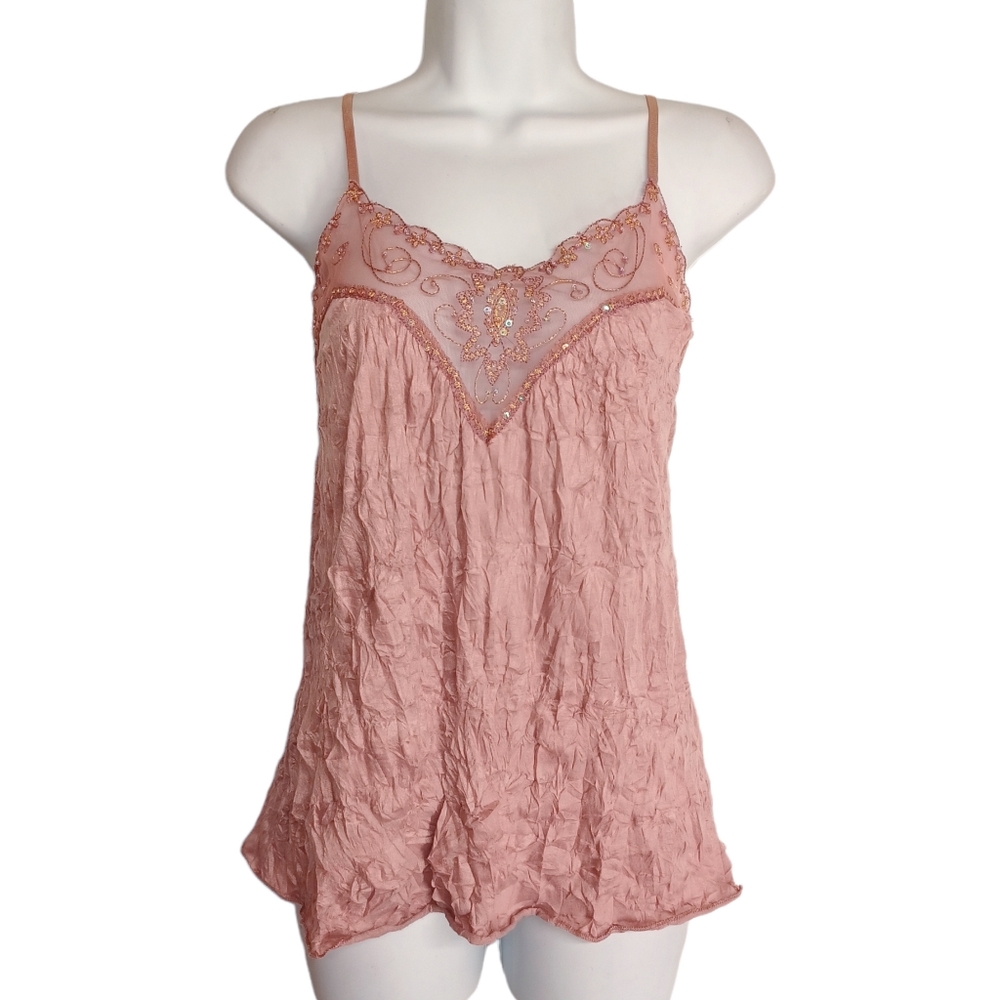 VOL. 1 Mauve Pink Crinkle Beaded Semi Sheer Neckline Sleeveless Tank Top M